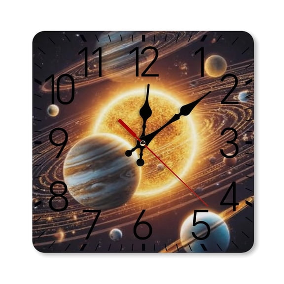 RKSupls 10×10inch Square Silent Wall Clock Wooden Frame, Solar System Planets Space Scale Decorative Clock for Home Bedroom Living Room Office