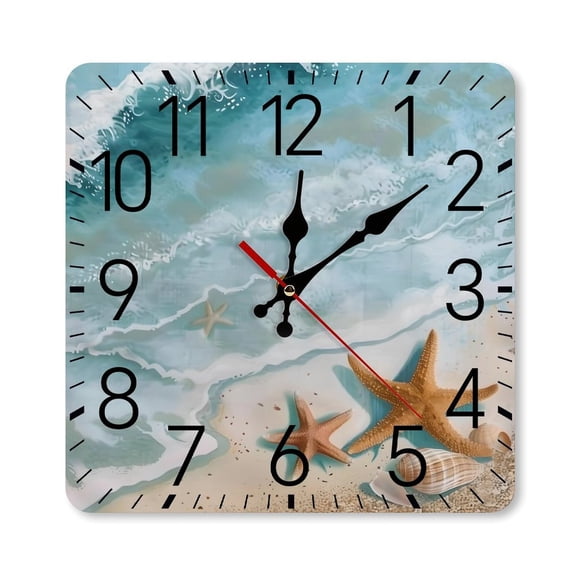 RKSupls 1010inch Square Silent Wall Clock Wooden Frame, Starfish Shells Beach Sunrise Scale Decorative Clock for Home Bedroom Living Room Office