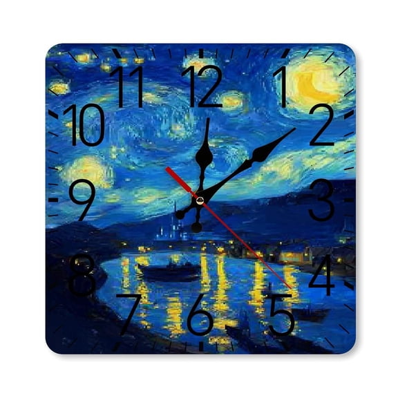 RKSupls 10×10inch Square Silent Wall Clock Wooden Frame, Starry Night River Scale Decorative Clock for Home Bedroom Living Room Office