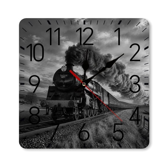 RKSupls 1010inch Square Silent Wall Clock Wooden Frame, Steam Train Across Countryside Scale Decorative Clock for Home Bedroom Living Room Office
