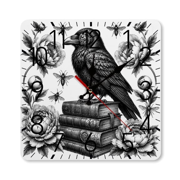 RKSupls 10×10inch Square Silent Wall Clock Wooden Frame, Steampunk Raven On Antique Books Scale Decorative Clock for Home Bedroom Living Room Office