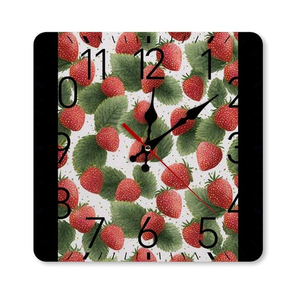 RKSupls 10×10inch Square Silent Wall Clock Wooden Frame, Strawberries Leaves Scale Decorative Clock for Home Bedroom Living Room Office