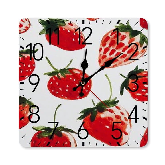 RKSupls 10×10inch Square Silent Wall Clock Wooden Frame, Strawberry Fruit Scale Decorative Clock for Home Bedroom Living Room Office