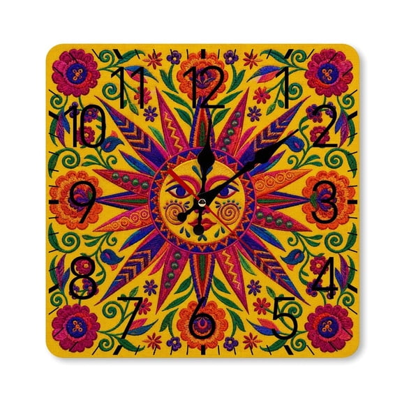 RKSupls 10×10inch Square Silent Wall Clock Wooden Frame, Sun Face Flowers Scale Decorative Clock for Home Bedroom Living Room Office