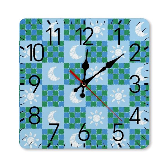 RKSupls 1010inch Square Silent Wall Clock Wooden Frame, Sun Moon Checkered Patchwork Pattern Scale Decorative Clock for Home Bedroom Living Room Office