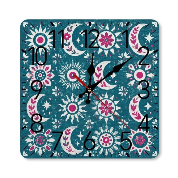 RKSupls 10×10inch Square Silent Wall Clock Wooden Frame, Sun Moon Stars Teal Scale Decorative Clock for Home Bedroom Living Room Office