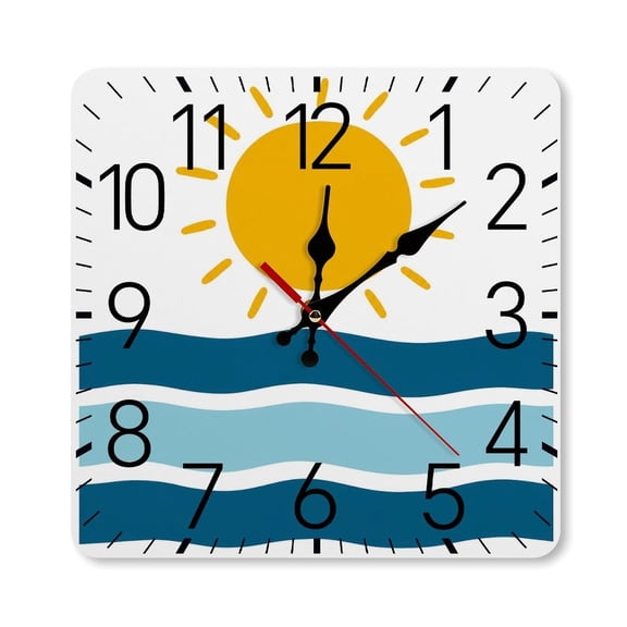 RKSupls 10×10inch Square Silent Wall Clock Wooden Frame, Sun Ocean Waves Scale Decorative Clock for Home Bedroom Living Room Office