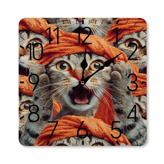 RKSupls 10×10inch Square Silent Wall Clock Wooden Frame, Surprised Cat Scream Scale Decorative Clock for Home Bedroom Living Room Office