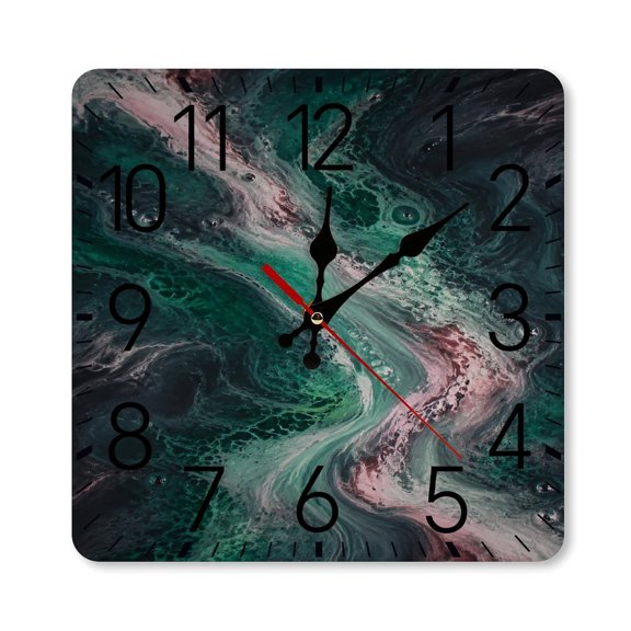 RKSupls 1010inch Square Silent Wall Clock Wooden Frame, Teal And Mauve Acrylic Pour Scale Decorative Clock for Home Bedroom Living Room Office