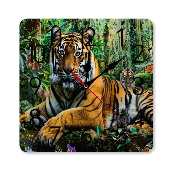 RKSupls 1010inch Square Silent Wall Clock Wooden Frame, Tiger Rock Jungle Family Scene Scale Decorative Clock for Home Bedroom Living Room Office