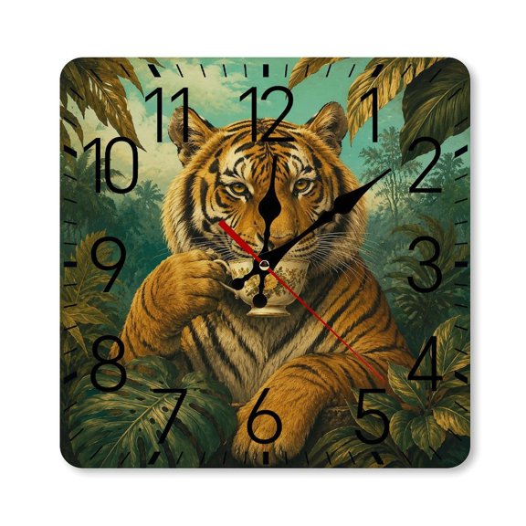RKSupls 1010inch Square Silent Wall Clock Wooden Frame, Tiger Teacup Jungle Vintage Portrait Scale Decorative Clock for Home Bedroom Living Room Office