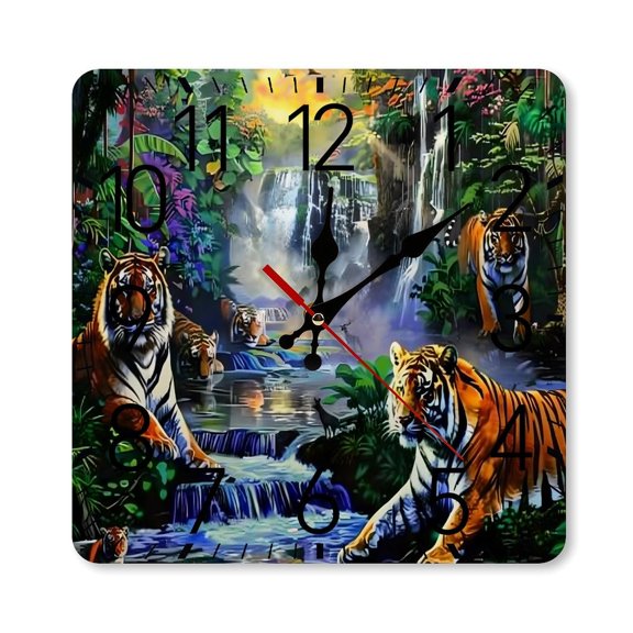 RKSupls 1010inch Square Silent Wall Clock Wooden Frame, Tigers Jungle Waterfall Fantasy Scale Decorative Clock for Home Bedroom Living Room Office
