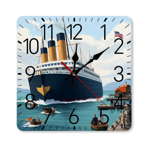 RKSupls 10×10inch Square Silent Wall Clock Wooden Frame, Titanic Ship Ocean Scale Decorative Clock for Home Bedroom Living Room Office
