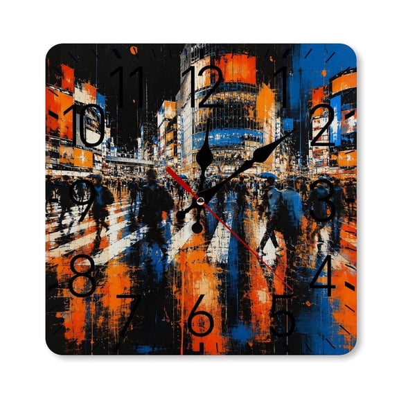 RKSupls 10×10inch Square Silent Wall Clock Wooden Frame, Tokyo Shibuya Night Crossing Scale Decorative Clock for Home Bedroom Living Room Office