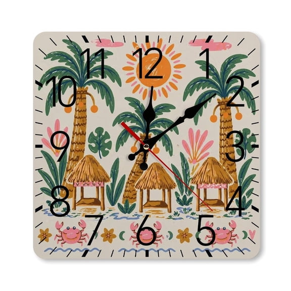 RKSupls 10×10inch Square Silent Wall Clock Wooden Frame, Tropical Beach Huts With Crabs Scale Decorative Clock for Home Bedroom Living Room Office