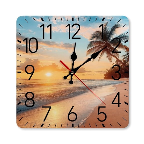 RKSupls 10×10inch Square Silent Wall Clock Wooden Frame, Tropical Beach Sunset Scale Decorative Clock for Home Bedroom Living Room Office