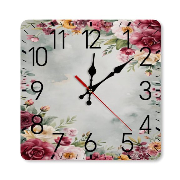 RKSupls 10×10inch Square Silent Wall Clock Wooden Frame, Tropical Lily Leaf Vector Pattern Scale Decorative Clock for Home Bedroom Living Room Office