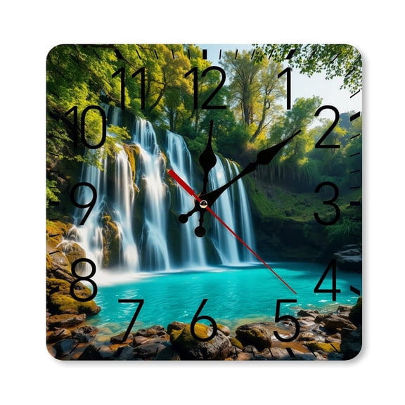 RKSupls 10×10inch Square Silent Wall Clock Wooden Frame, Tropical Waterfall Jungle Scale Decorative Clock for Home Bedroom Living Room Office