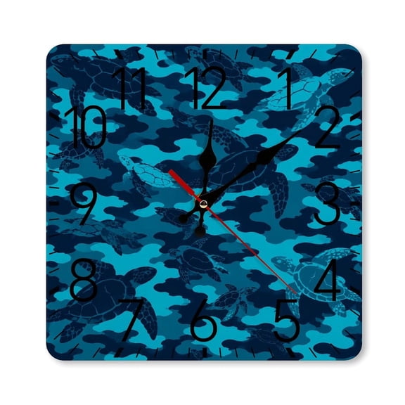 RKSupls 1010inch Square Silent Wall Clock Wooden Frame, Turtle Camo Aqua Pattern Scale Decorative Clock for Home Bedroom Living Room Office