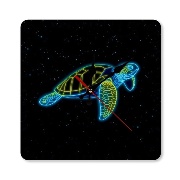 RKSupls 10×10inch Square Silent Wall Clock Wooden Frame, Turtle Neon Space Scale Decorative Clock for Home Bedroom Living Room Office