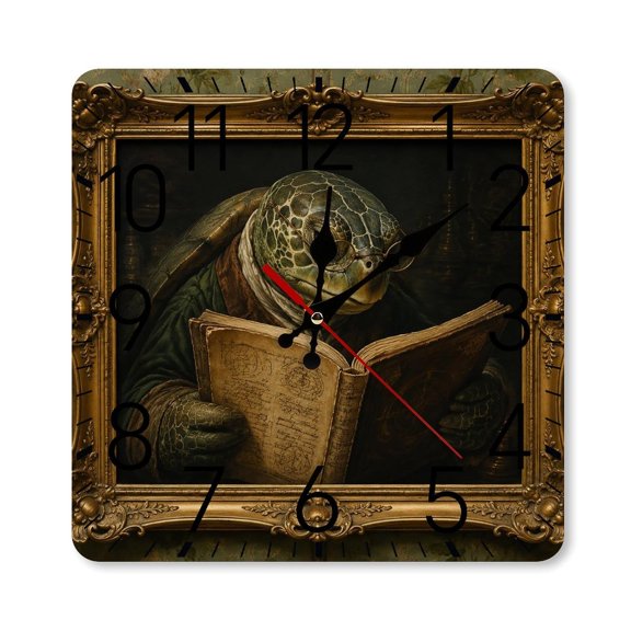 RKSupls 1010inch Square Silent Wall Clock Wooden Frame, Turtle Scholar Antique Portrait Scale Decorative Clock for Home Bedroom Living Room Office