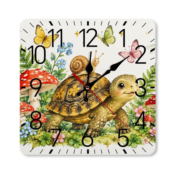 RKSupls 1010inch Square Silent Wall Clock Wooden Frame, Turtle With Snail And Red Mushrooms Scale Decorative Clock for Home Bedroom Living Room Office