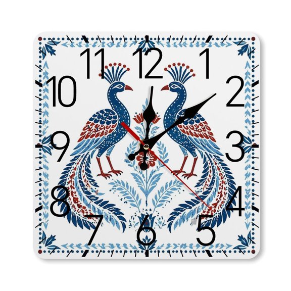 RKSupls 10×10inch Square Silent Wall Clock Wooden Frame, Twin Peacocks Floral Frame Scale Decorative Clock for Home Bedroom Living Room Office