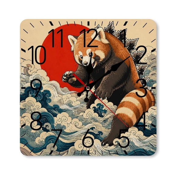 RKSupls 1010inch Square Silent Wall Clock Wooden Frame, Ukiyo Red Panda Kaiju Clouds Scale Decorative Clock for Home Bedroom Living Room Office