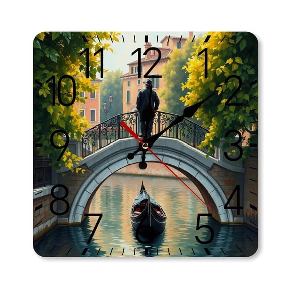 RKSupls 10×10inch Square Silent Wall Clock Wooden Frame, Venice Canal Boat Scale Decorative Clock for Home Bedroom Living Room Office