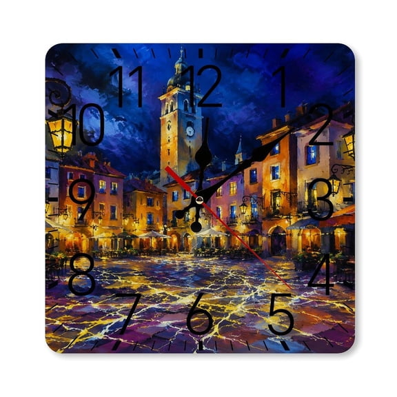 RKSupls 10×10inch Square Silent Wall Clock Wooden Frame, Venice Canal Twilight Scale Decorative Clock for Home Bedroom Living Room Office