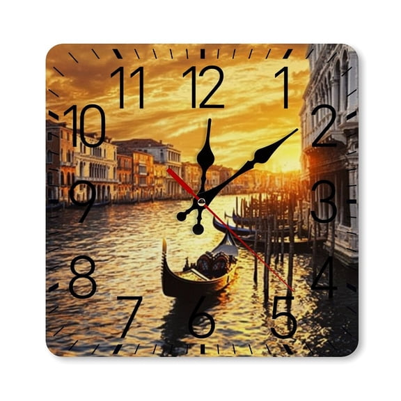RKSupls 10×10inch Square Silent Wall Clock Wooden Frame, Venice Gondola Sunset Canal Scale Decorative Clock for Home Bedroom Living Room Office