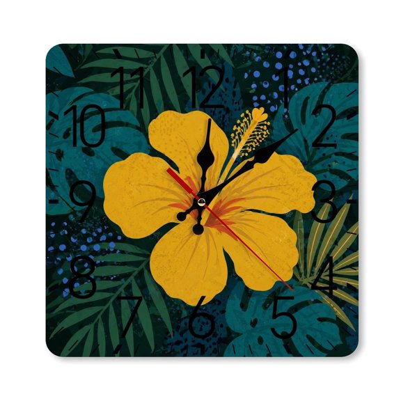 RKSupls 1010inch Square Silent Wall Clock Wooden Frame, Vibrant Yellow Hibiscus with Jungle Leaves Scale Decorative Clock for Home Bedroom Living Room Office