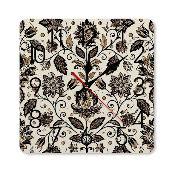 RKSupls 1010inch Square Silent Wall Clock Wooden Frame, Vintage Damask Floral Pattern Scale Decorative Clock for Home Bedroom Living Room Office