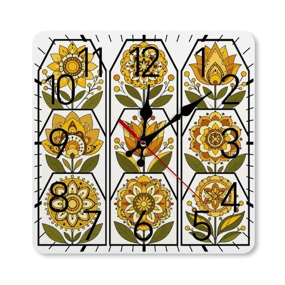 RKSupls 10×10inch Square Silent Wall Clock Wooden Frame, Vintage Flower Tiles Scale Decorative Clock for Home Bedroom Living Room Office