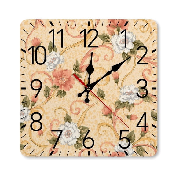 RKSupls 10×10inch Square Silent Wall Clock Wooden Frame, Vintage Rose Scroll Print Scale Decorative Clock for Home Bedroom Living Room Office