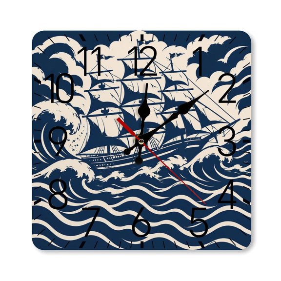 RKSupls 10×10inch Square Silent Wall Clock Wooden Frame, Vintage Sailing Ship Stormy Sea.png Scale Decorative Clock for Home Bedroom Living Room Office