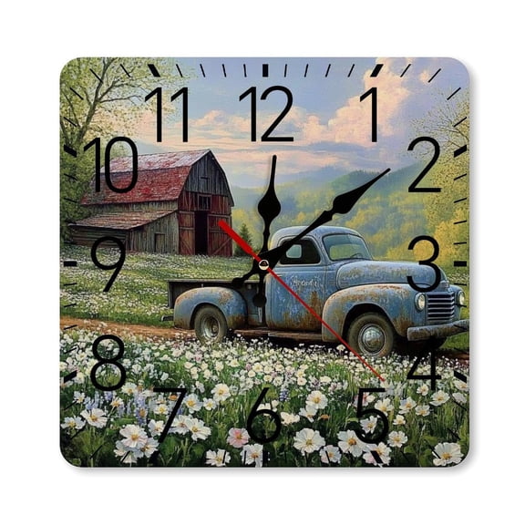 RKSupls 10×10inch Square Silent Wall Clock Wooden Frame, Vintage Truck Barn Flowers Scale Decorative Clock for Home Bedroom Living Room Office