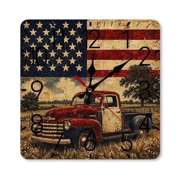 RKSupls 1010inch Square Silent Wall Clock Wooden Frame, Vintage Truck Field American Flag Mosaic Scale Decorative Clock for Home Bedroom Living Room Office