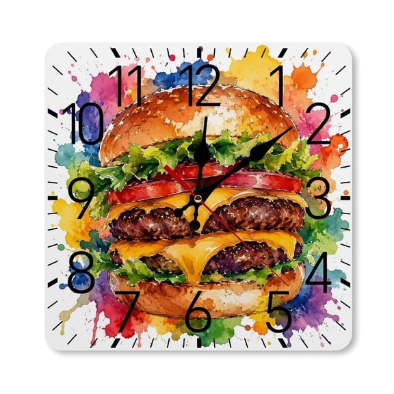RKSupls 1010inch Square Silent Wall Clock Wooden Frame, Watercolor Burger Art Scale Decorative Clock for Home Bedroom Living Room Office