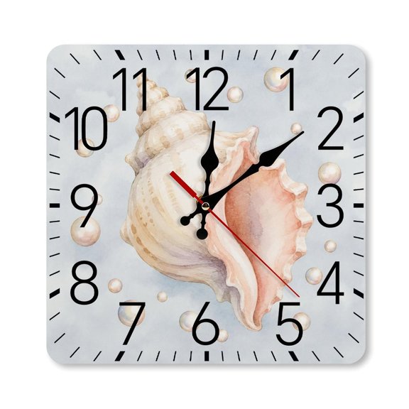 RKSupls 1010inch Square Silent Wall Clock Wooden Frame, Watercolor Conch Pearl Scale Decorative Clock for Home Bedroom Living Room Office