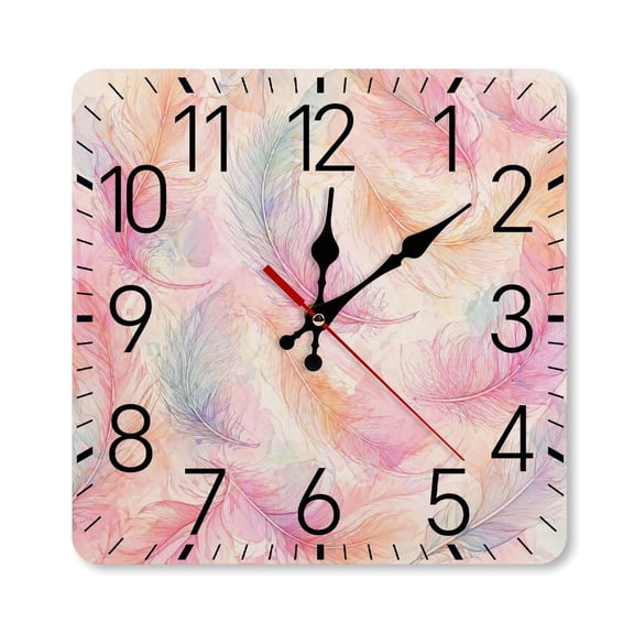 RKSupls 10×10inch Square Silent Wall Clock Wooden Frame, Watercolor Feather Pastel Scale Decorative Clock for Home Bedroom Living Room Office