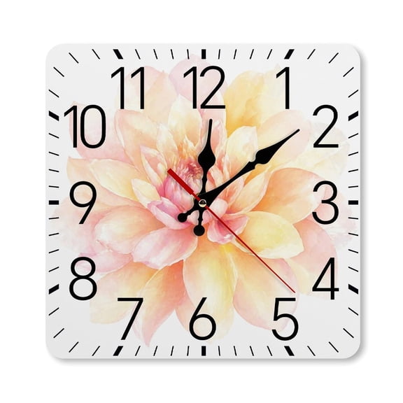 RKSupls 10×10inch Square Silent Wall Clock Wooden Frame, Watercolor Pastel Dahlia Flower Scale Decorative Clock for Home Bedroom Living Room Office