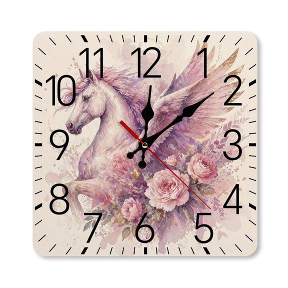 RKSupls 1010inch Square Silent Wall Clock Wooden Frame, Watercolor Pegasus Horse Roses Scale Decorative Clock for Home Bedroom Living Room Office