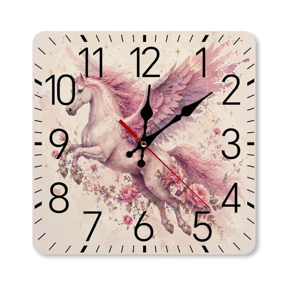RKSupls 10×10inch Square Silent Wall Clock Wooden Frame, Watercolor Pink Pegasus Flowers Scale Decorative Clock for Home Bedroom Living Room Office