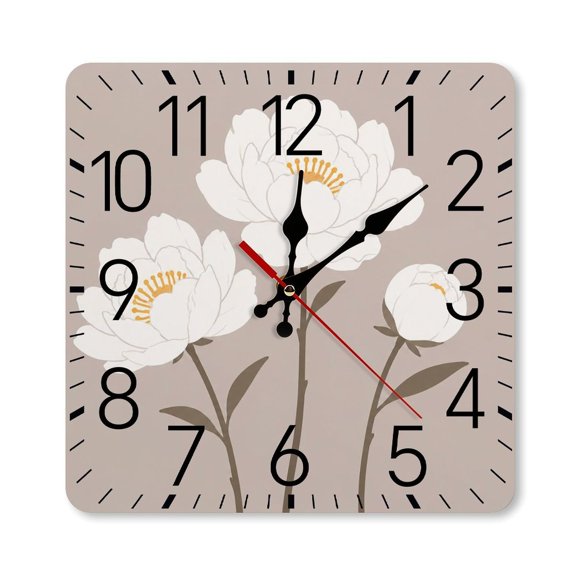 RKSupls 10×10inch Square Silent Wall Clock Wooden Frame, White Cherry Blossoms Scale Decorative Clock for Home Bedroom Living Room Office