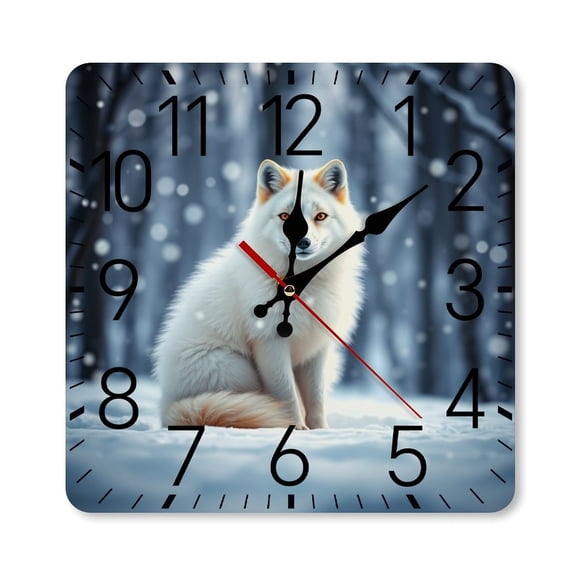 RKSupls 10×10inch Square Silent Wall Clock Wooden Frame, White Fox Winter Forest Scale Decorative Clock for Home Bedroom Living Room Office