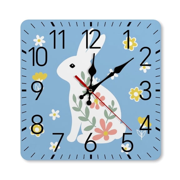 RKSupls 10×10inch Square Silent Wall Clock Wooden Frame, White Rabbit With Floral Details Scale Decorative Clock for Home Bedroom Living Room Office