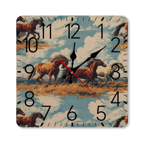 RKSupls 10×10inch Square Silent Wall Clock Wooden Frame, Wild Horses Running Scale Decorative Clock for Home Bedroom Living Room Office