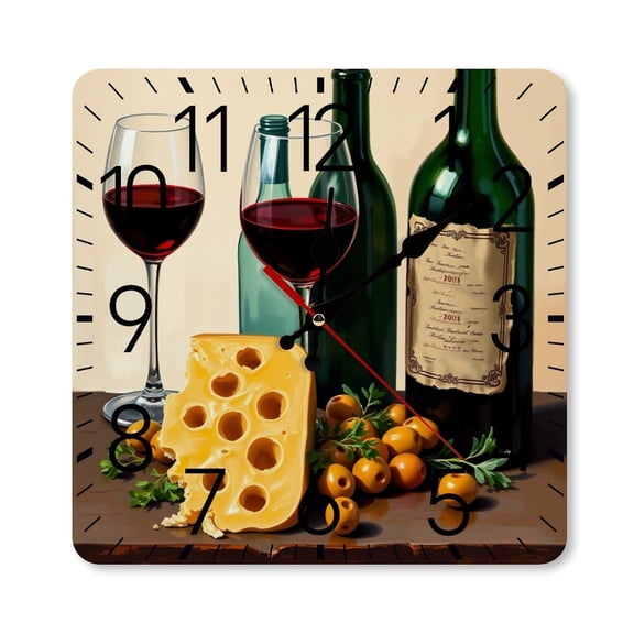 RKSupls 10×10inch Square Silent Wall Clock Wooden Frame, Wine Cheese Olives Scale Decorative Clock for Home Bedroom Living Room Office