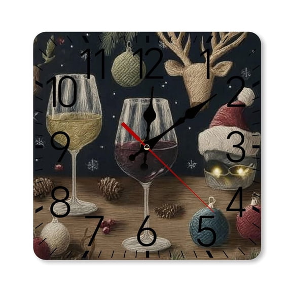 RKSupls 10×10inch Square Silent Wall Clock Wooden Frame, Wine Glasses Christmas Scale Decorative Clock for Home Bedroom Living Room Office